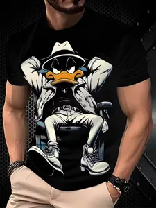 Men's 3D Casual Cool Duck Print Polyester Short Sleeve T-Shirt, Slightly Elastic Knit Fabric, Breathable Comfort, All Seasons