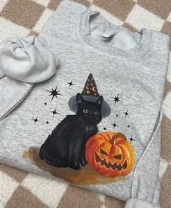 Vintage Black Cat Halloween Sweatshirt, Black Cat Pumpkin Tee Shirt, Spooky Season T-Shirt, Pumpkin Halloween Cat Sweater, Halloween Cat Shirt, Halloween Gift For Cat Lovers