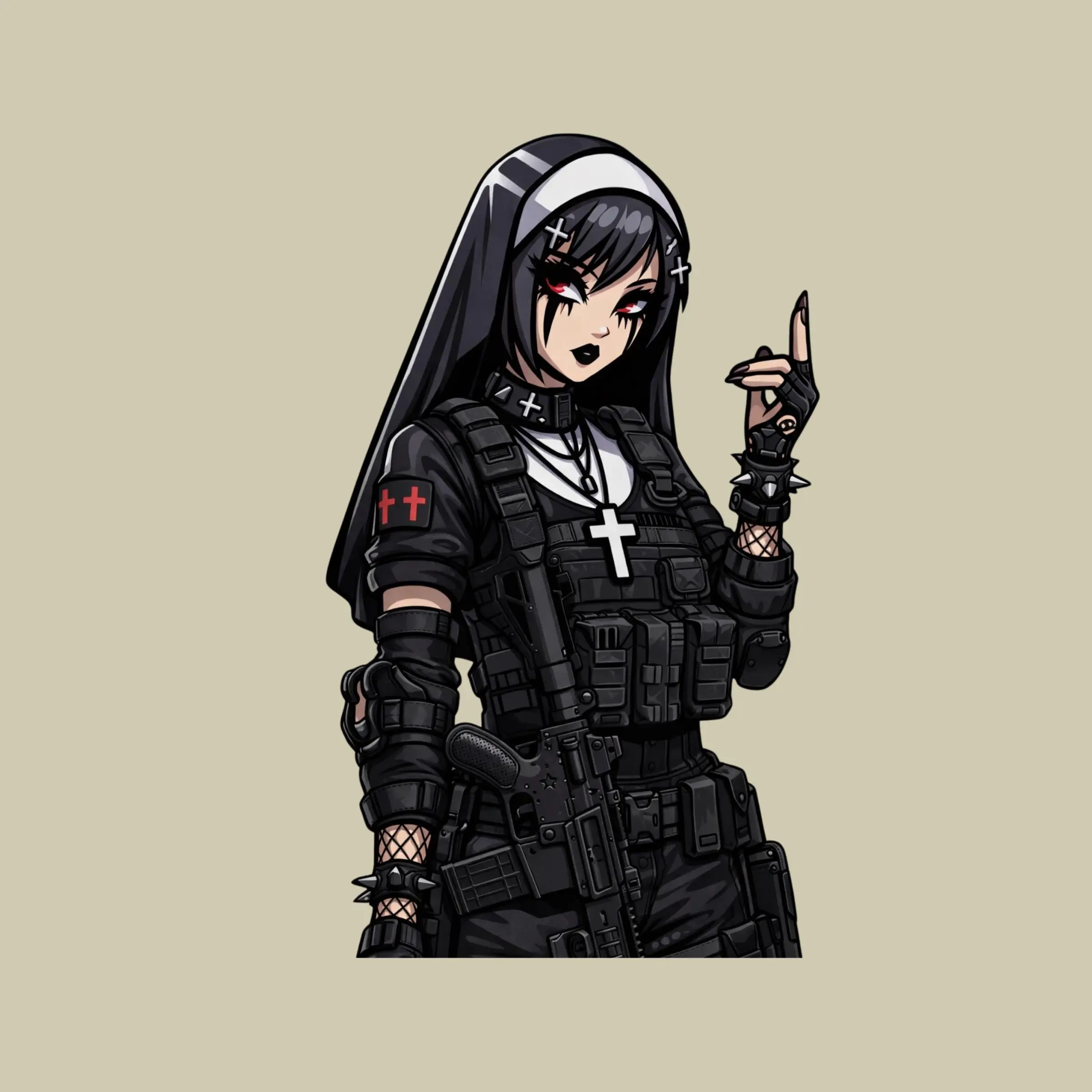 Gothic Nun Tactical Sticker, Dark Anime Nun Girl with Gun, Edgy Religious Aesthetic Decal