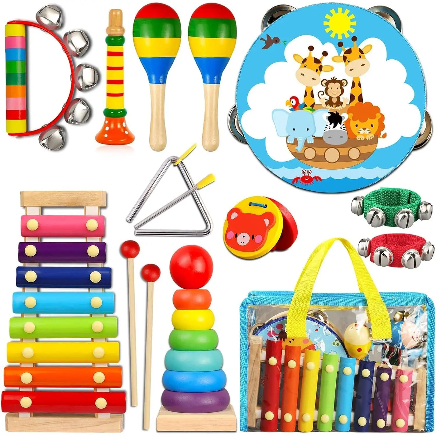 BP-MT02 Wooden Percussion Musical Instruments Set - Toddler Preschool Educational Sensory Toys with Carrying Bag for Kids, Ideal Gifts for Play, Montessori‑Inspired