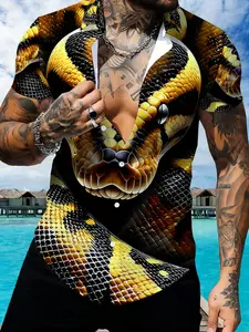 Snake Skin Printed Men's Short Sleeve Shirt, 3D Stereo Pattern Fashion Trendy Casual Top, New Summer Slim Fit Style
