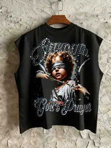 Men's Black Sleeveless Loose T-Shirt With Vintage Angel & “Strength God‘s Prayer” Print, Religious Graphic Tee, Streetwear, For Men Seeking Unique Style Statement