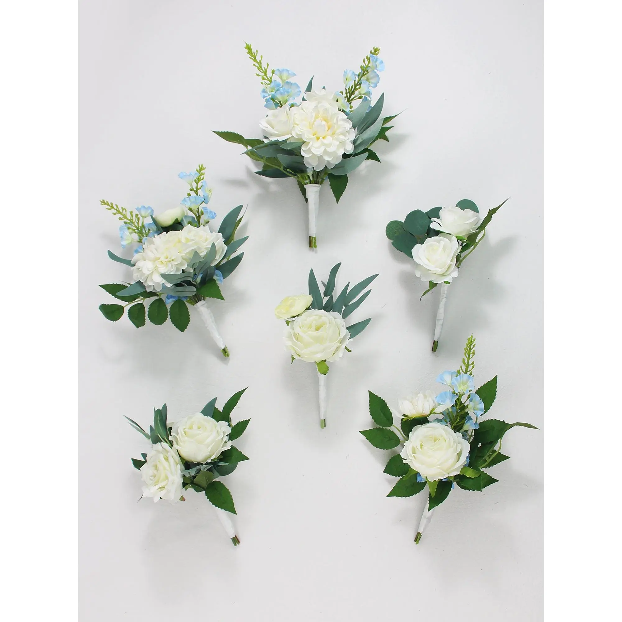 Rinlong 6Pcs Decorative Silk Flowers Set - 7.4"-9.8" Tall Baby Blue & White Pieces for Wedding Table Centerpieces, Bridesmaid Bouquets, Home Supplies