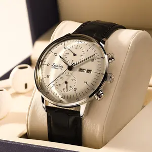 Men's watch, fully automatic mechanical movement, party, avant-garde, stainless steel manufacturing, leather strap, luminous display, 30-meter water resistance for daily use, calendar, day of the week, month function, 3D curved screen