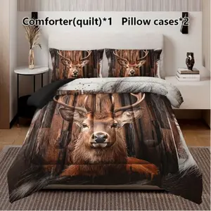 3pcs Forest Animal Deer Quilt Set (1 Quilt + 2 Pillowcases), Soft Comfortable Lightweight Breathable Printed Home Dorm Air Conditioning Blanket