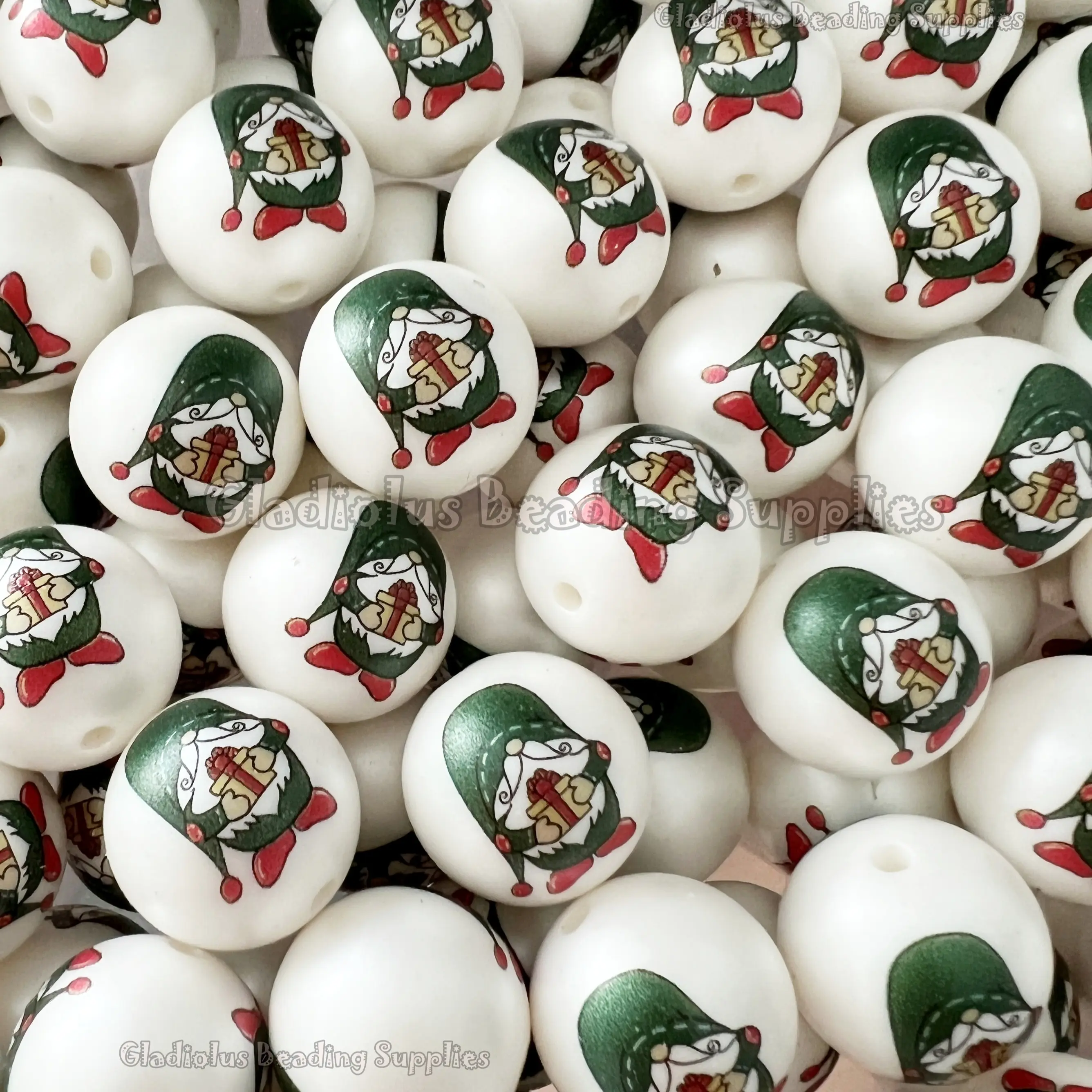 20mm Gnome Christmas Print Acrylic Bead, Christmas Beads, Bubblegum, Chunky Round, Gumball, Beading Supplies, Christmas big beads, Merry Christmas, Santa Beads