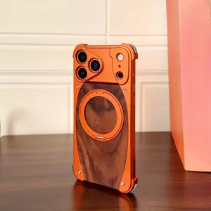 Premium Smartphone Case, High-End Metal-Wood Hybrid Cellphone Shell, Frameless Orange Titanium Handheld Accessory Specifically Designed for iPhone 16 Pro Max, 17 Series Mobile Phone Case & Cover