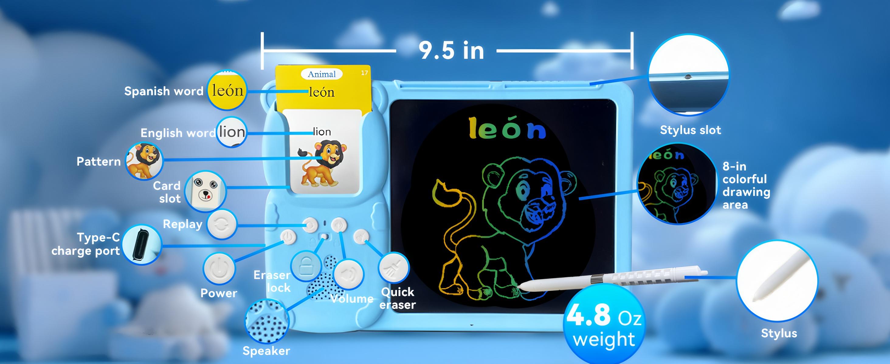 KidGenius English & Spanish Flash Card Set with 3 Language Modes 8 Inch LCD Writing Board 510 Vocabulary Words Durable Reusable Design for Kids Perfect Homeschool Teacher Tool  Holiday Learning Gift Ideal for Autism Therapy - Bear Visual Stimulation Cards