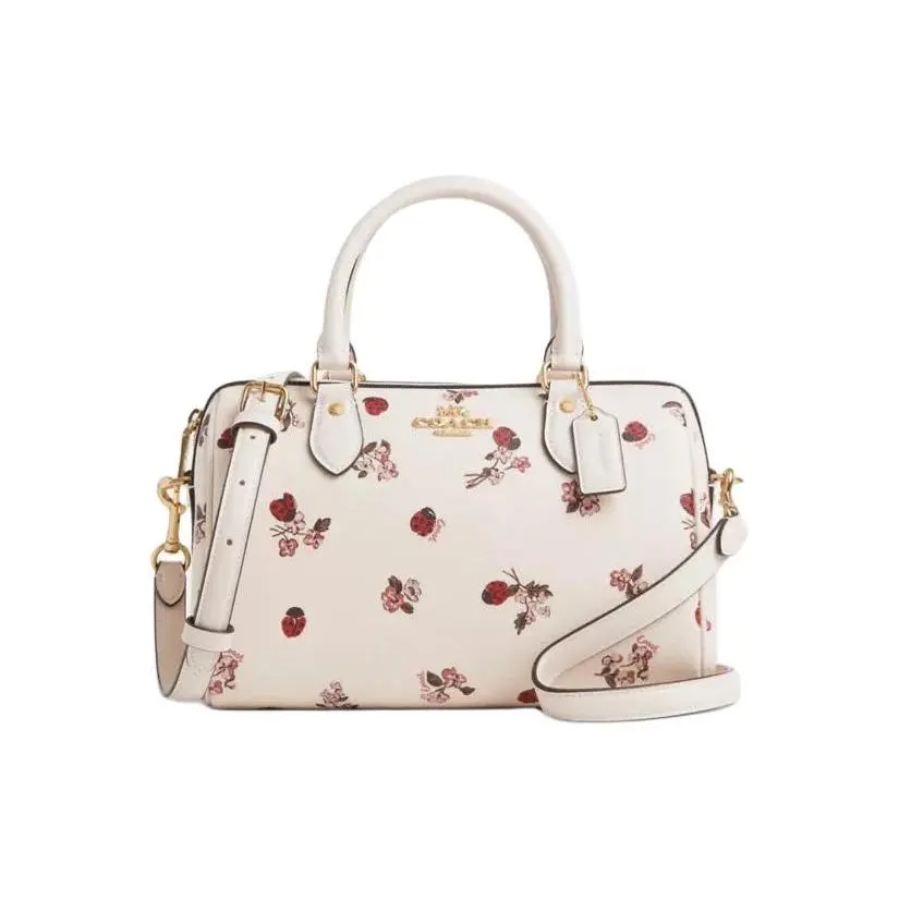 COACH Rowan 25 Ladybug Floral Print Coated Canvas Tote Crossbody Bag for Women, Medium Size, Gold and Chalk Pink Multicolor
