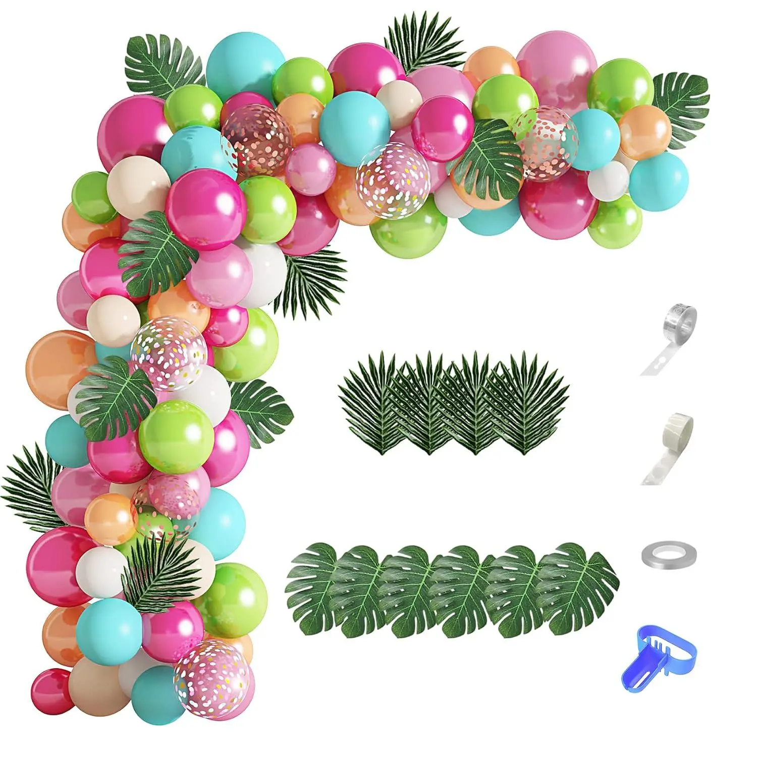 124Pcs Tropical Balloons Arch Garland Kit, Green Hot Pink Rose Gold Confetti Balloons Palm Leaves For Tropical Hawaiian Aloha Luau Flamingo Moana Birthday Party Baby Shower Wedding Decorations
