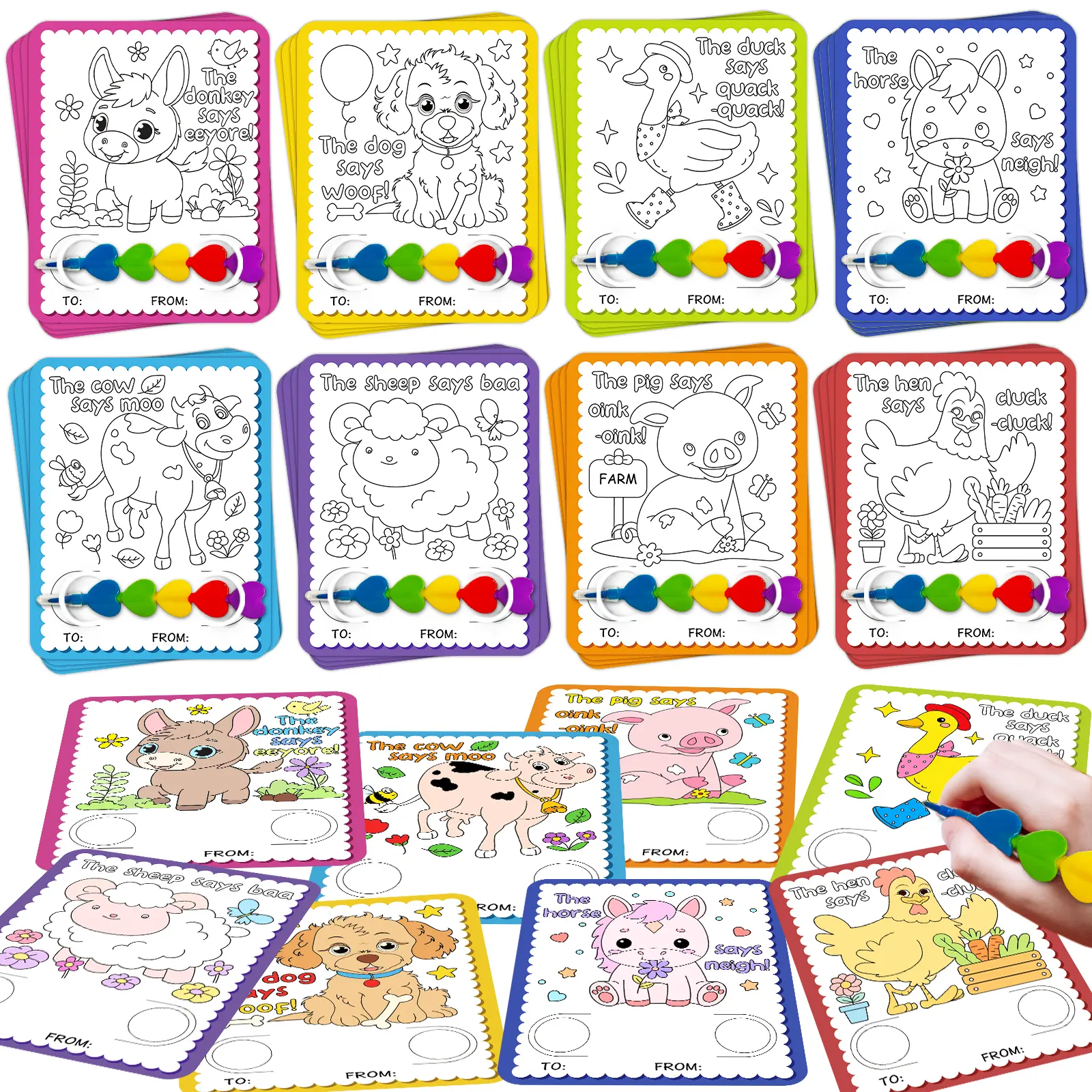 24Pcs Farm & Jungle Animal Coloring Cards Crayon Kit with 24 Stacking Crayons, Kids Cardstock for Home Doodle, Party Favors, Classroom Prizes