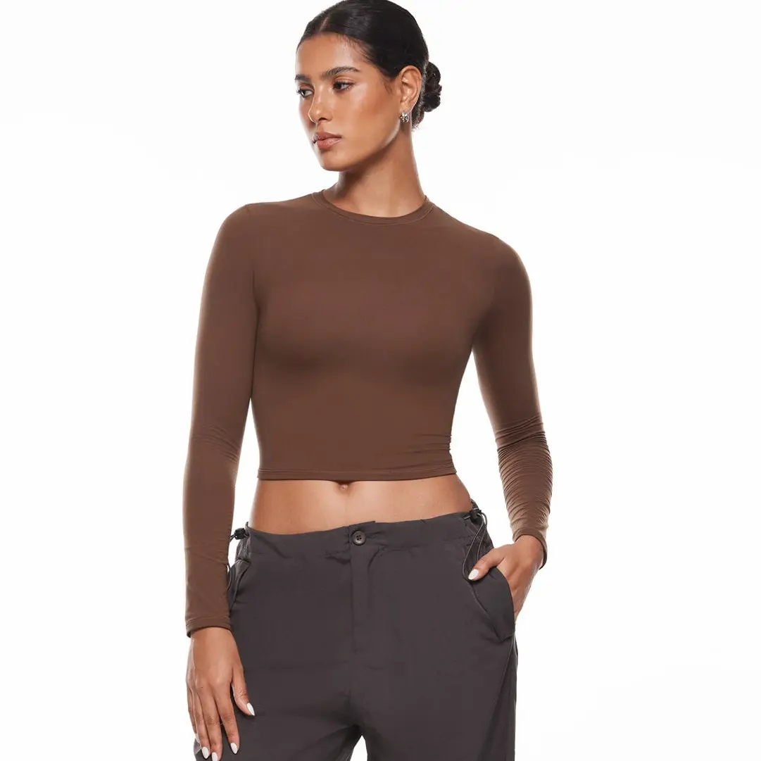 INLYRIC Women's Inbarely Soft Long Sleeve Tops Crew Neck Slim Fit Double Lined Basic Casual Going Out Y2K Tees Shirts