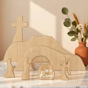 Empty Tomb Easter Scene with Cross Wooden Jesus Resurrection Tomb Tray Set Christian Religious Decor for Home Office Tabletop
