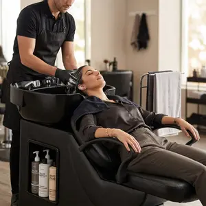 Shampoo Bowl and Chair Set for Salon, Hair Washing Station with ABS Sink & PU Leather Chair, Ergonomic Chair with Neck Rest, Side Storage, Hot/Cold Faucet & Sprayer for Spa Barbershop Beauty, Black