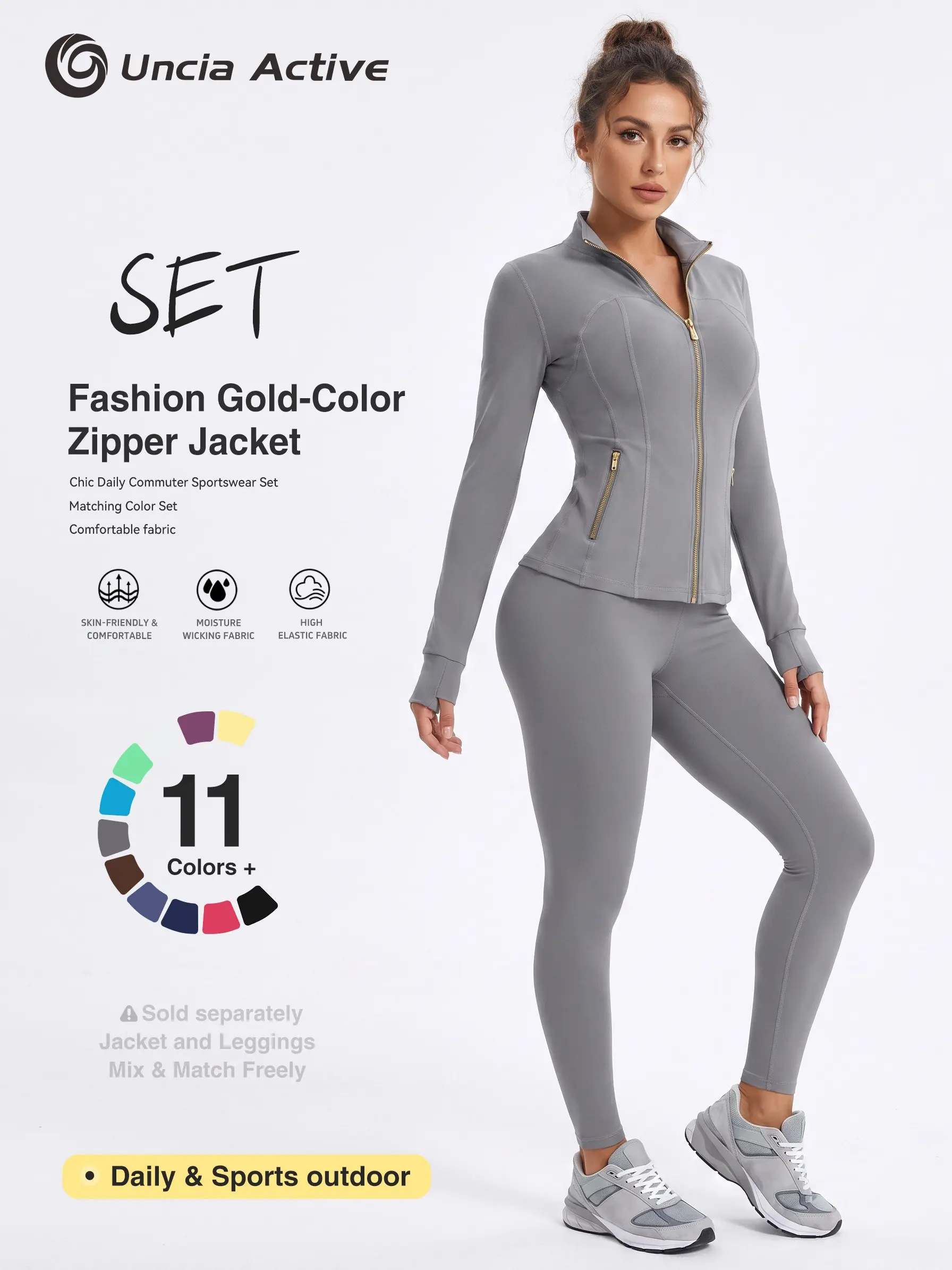 Premium Gold‑Tone Zip Stand Collar Track Jacket + High Waist Compression Yoga Leggings, Ultra‑Soft Stretchy Activewear for Sports & Everyday Casual Looks
