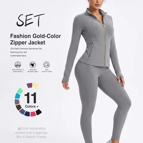 Uncia Active Women's  Slim-Fit Zip-Up Sports  - Gold Zipper Stand Collar Training Jacket, High-Waist Full-Length Yoga Leggings, Soft Stretchy Gym Sets for Workout, Daily Lifestyle,