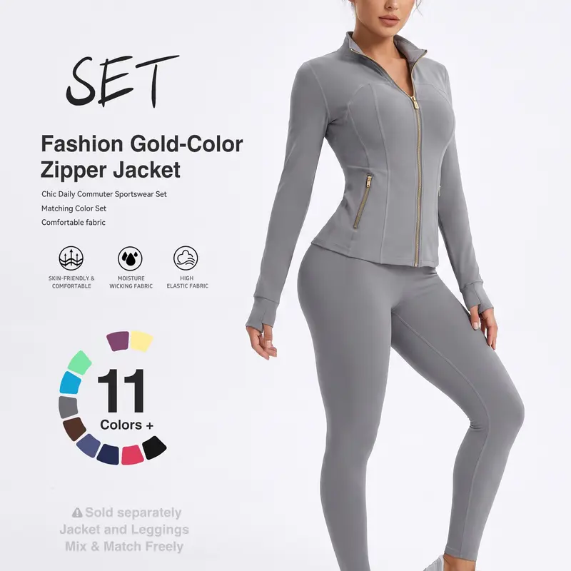 Uncia Active Women's Slim-Fit Zip-Up Sports - Gold Zipper Stand Collar Training Jacket, High-Waist Full-Length Yoga Leggings, Soft Stretchy Gym Sets for Workout, Daily Lifestyle,