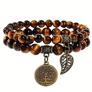 1pc Vintage Stone Bead Bracelet Set Tree Life And Leaves Charm Chakra Energy Healing Stretch Casual Crystal Double Layer Bracelets For Men And Women Holiday Party