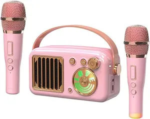 Karaoke Machine 15W Mini Handheld with 2 Wireless Microphones Lights Bluetooth 5.3 9H Playtime AUX TF Card Input Purple Speaker for Kids Adults Birthday Gifts