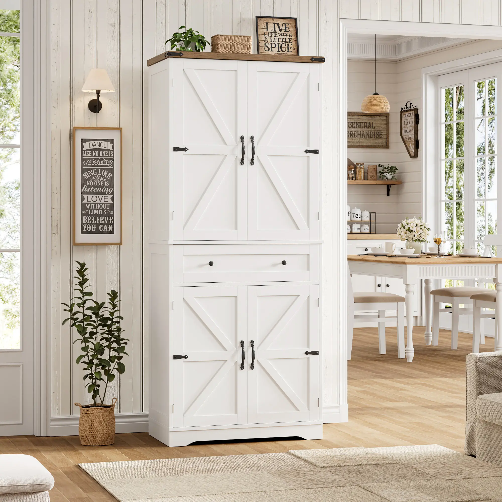 HOSTACK 71" Farmhouse Kitchen Pantry Cabinet, Tall Storage Cabinet with Doors, Drawer & Adjustable Shelves, Freestanding Food Pantry Organizer for Kitchen, Dining Room & Living Room