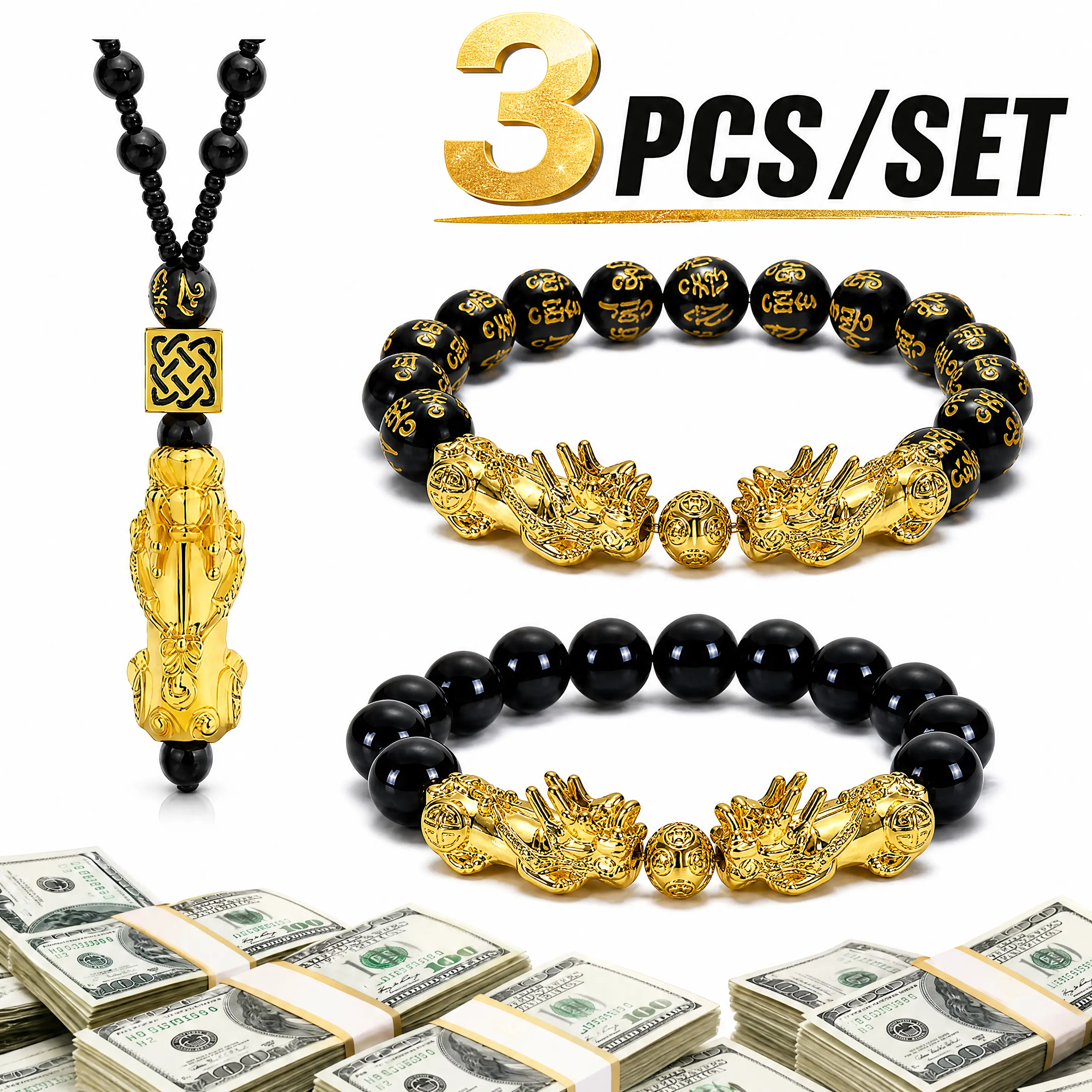 Men & Women's 3-Piece Feng Shui Accessory Set - Black Bead Pixiu Wealth Bracelets, Lucky Protection Animal Pendant Jewelry Set for Christmas, Animal Pendant Jewelry Sets