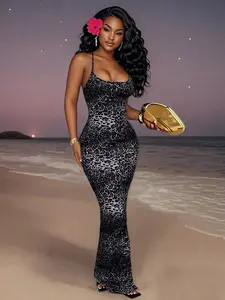 Leopard Print Backless Dress, Sexy Slim-Fitting Long Dress, Casual Vacation Style, Elegant Spring & Fall Fashion