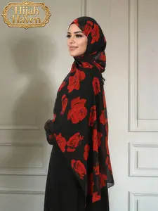 Women's Gradient Rose Print Elegant Long Scarf, Comfortable Breathable Lightweight Hijab, Perfect for Praying Outdoors, Hand Washable, Muslim Fashion Accessory