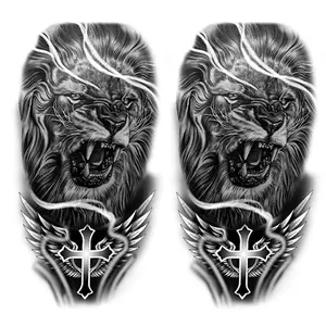 2 Sheets Black and Grey Temporary Tattoos for Men - Lion Cross Wing Waterproof Fake Tattoo Stickers, Realistic Half Sleeve Body Art Tattoos for Arm Shoulder Chest, Long Lasting