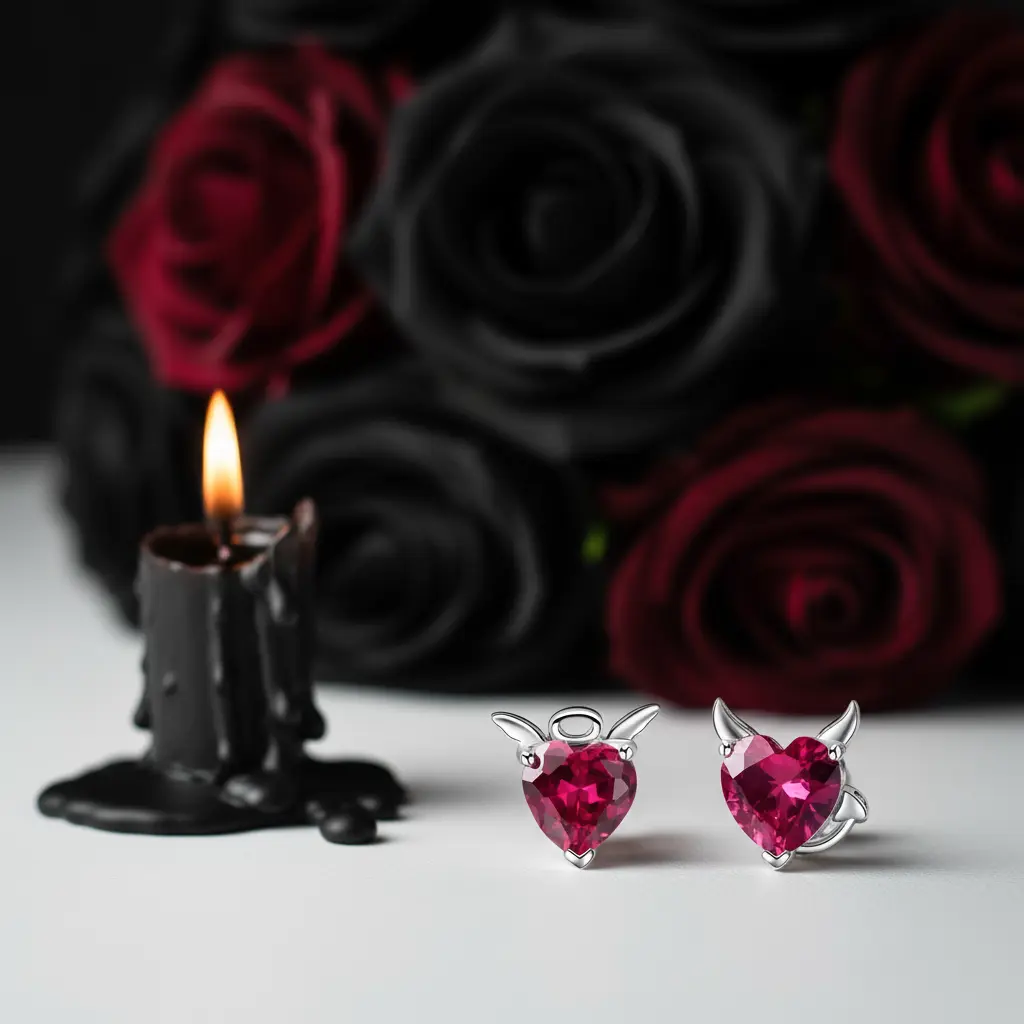Angel & Devil Pink Heart Cut Diamond Option Stud Earrings