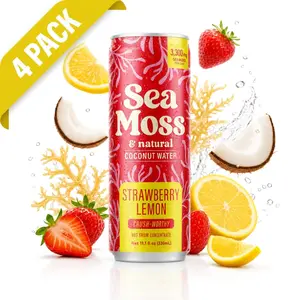 Da Bomb Sea Moss Coconut Water Drink, 4 Pack, 11.1 fl oz Cans, 3,300 mg Sea Moss, Electrolytes, No Added Sugar, Non-GMO, Dairy Free, Gluten Free - Strawberry Lemon