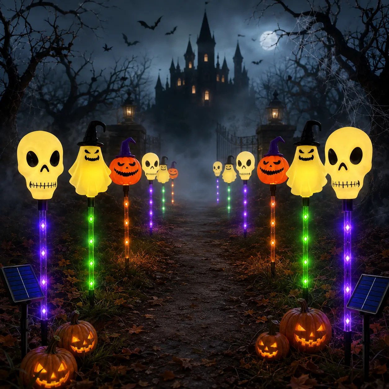Halloween Solar Path Lights Set (6-Piece) - Outdoor Ghost Faces, Skeleton, Pumpkin Spooky Shapes with Plastic Frame, 8 Lighting Modes, IP65 Waterproof for Lawn, Sidewalk Home & Halloween Decorations