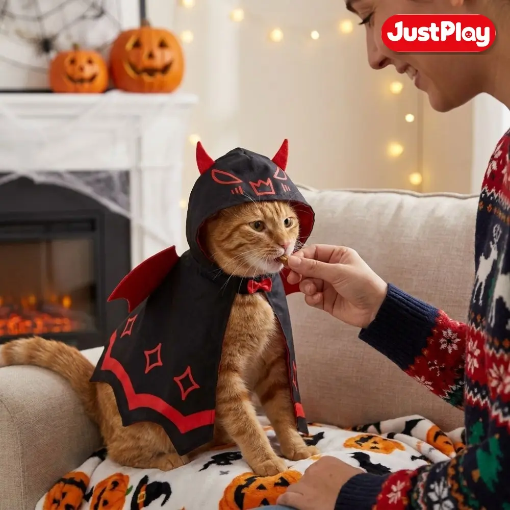 【JustPlay】2026 Halloween New Pet Red Black Bat Devil Cloak, Hooded Bat Wing Costume for Cats and Small Dogs with Horns and Bow Tie
