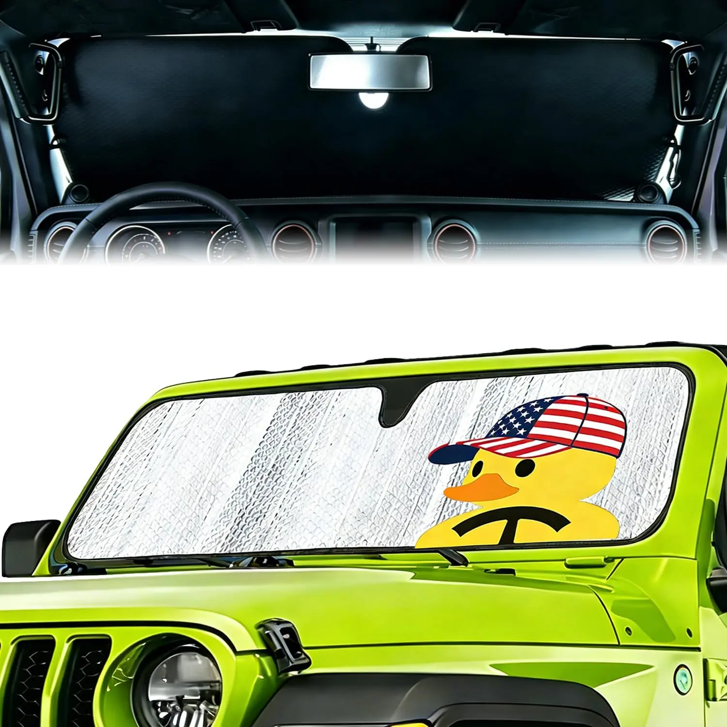 Windshield Sun Shade for Jeep Wrangler TJ JK JL 2007-2025 2026 & Gladiator JT 2020-2025, American Flag Design Cute Duck Print, 100% UV Blocking Sunshade,Foldable Sun Visor Protector Accessories