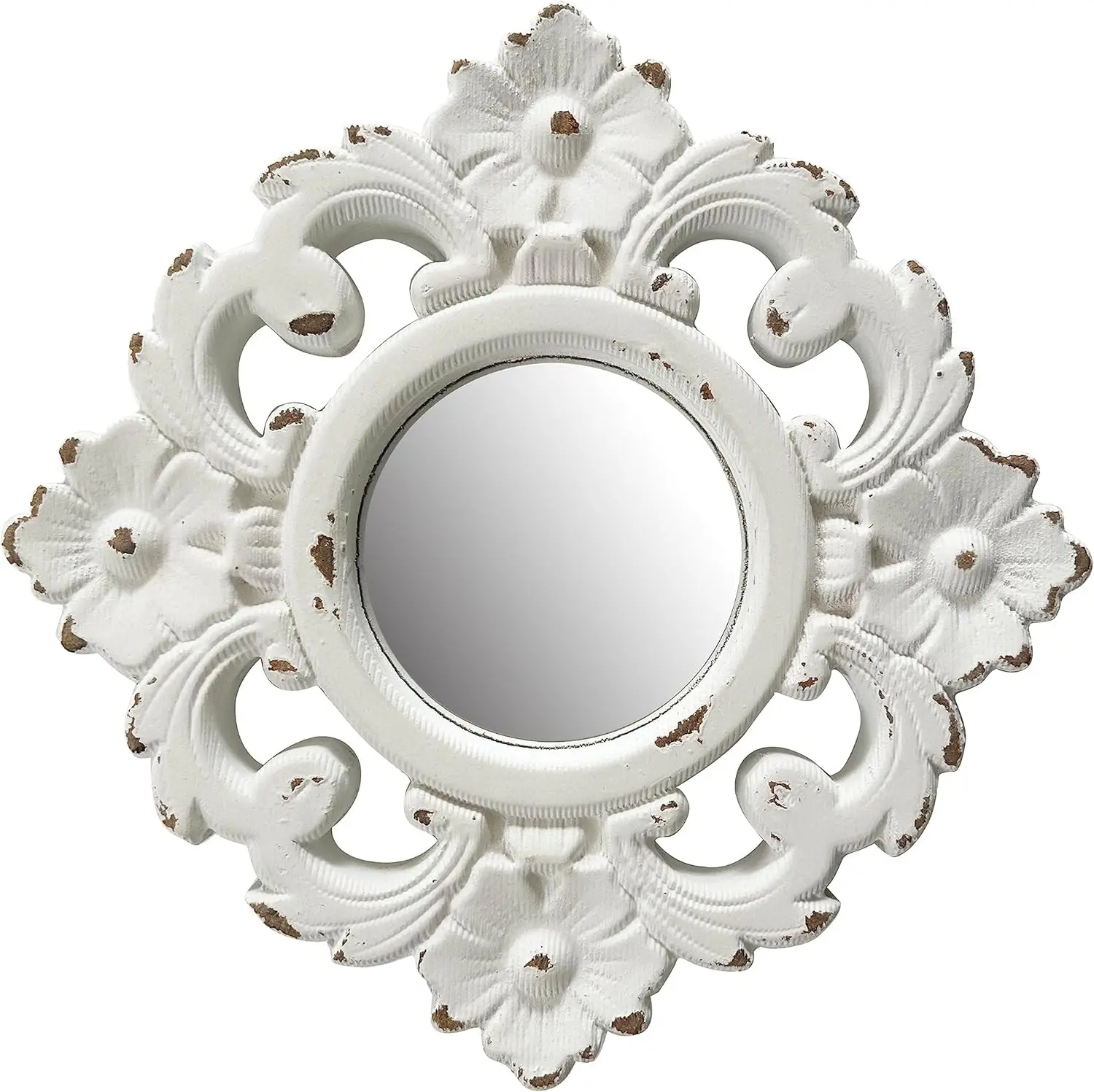 Handcarved Floral Wall Mirror Decoration, 11.8-inch Worn-Out White Country Wood Mirror, Used for Room Decoration, Home Decoration, Bedroom, Living Room, Bathroom, Kitchen