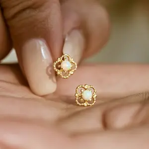 Four Leaf Flower Opal Stud Earrings