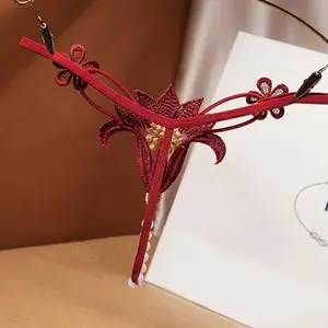 Cute Flower Hollow Cut Women's Thongs Low Waist Pearl Massage Chain Beads T-Back Panties Sports Shorts Design