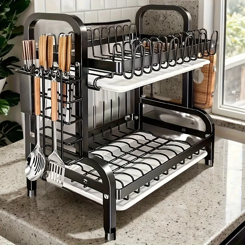 This Double-Layer Metal Kitchen Countertop Dish Rack Is Space-Saving And Durable. It Comes With A Knife And Fork Holder, Cup Holder, Cutting Board Holder, And Rust-Proof Drain Tray. Kitchen Storage Items Help You Keep Your Kitchen Neat And Organized.