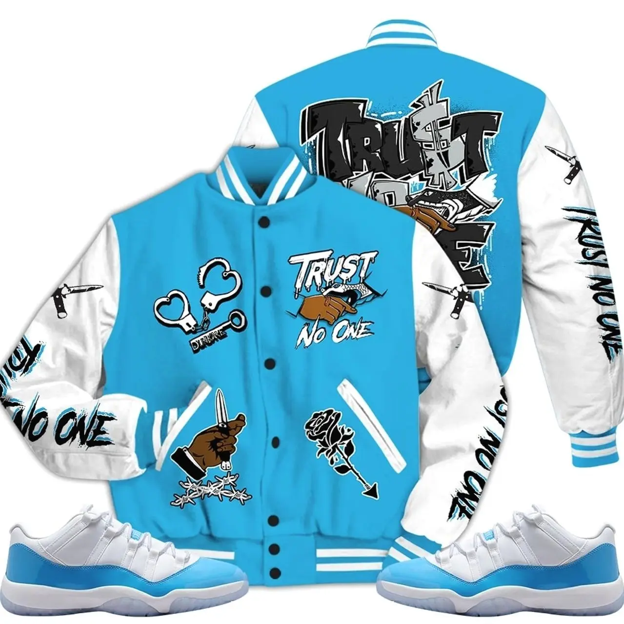 11 Low University Blue Varsity Jacket, Low University Blue 11s Outfits, Trust No One Unisex T-Shirts To Matching Sneakers