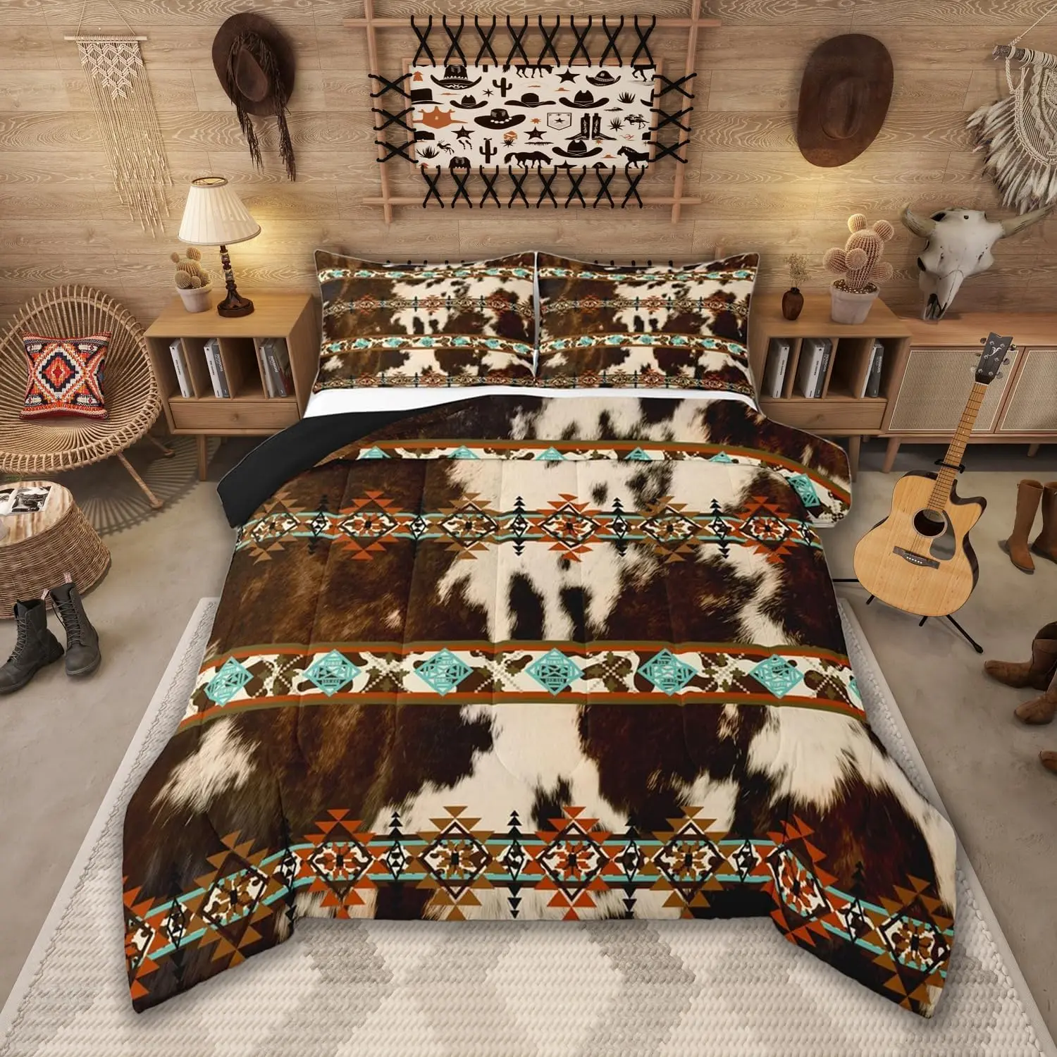 Cowhide Comforter Set,Western Bedding Set,Brown Cow Print Quilt Exotic Diamond Aztec Tribe Down Comforter,Gifts for Women, Bedroom Bedding Set, Soft Bedding Sets