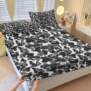 Black White Gray Dense Camouflage Camo Print Fitted Sheet Set, 1 Fitted Sheet + 2 Pillowcases - 3 Piece Soft Breathable Deep Pocket Bedding, 360° fully wrapped, Streetwear Hypebeast Style, Gift for Camouflage Lovers & Streetwear Hypebeast Fans