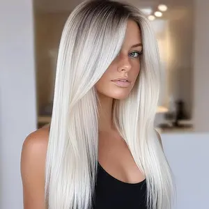 Ultra-Light Dark Gradient White A-Line Wig with Bangs - Long Straight Synthetic Hair, Natural and Realistic, Breathable for All-Day Comfort - Perfect for Festivals and Parties, Ideal Gift Choice