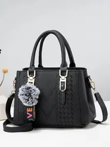 Women’s solid-color handbag with pom-pom decoration; solid-color multi-layer crossbody bag; solid-color wallet