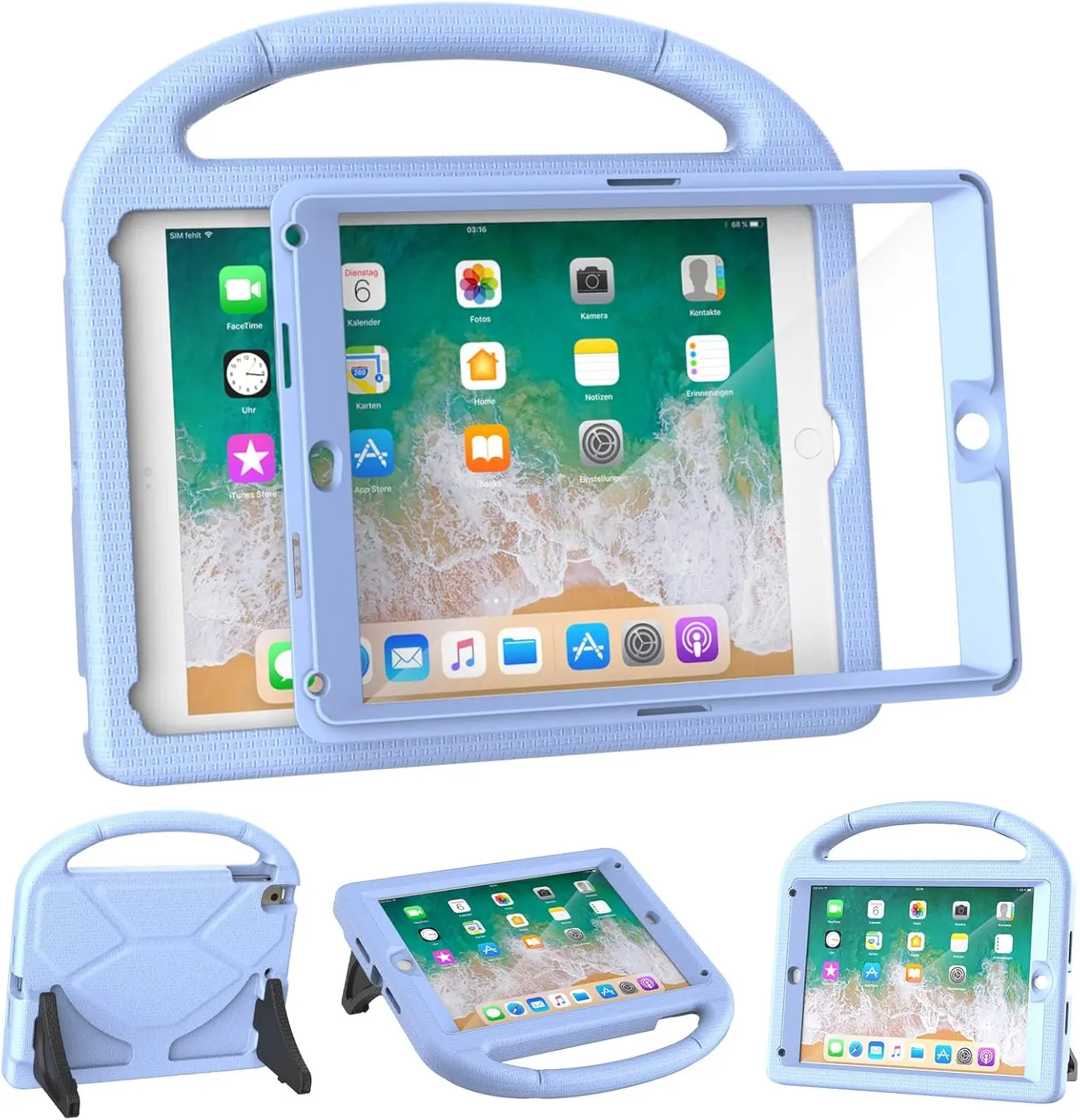 Shockproof EVA Tablet Case with Handle, Casing & Full Cutout for iPad 6th/5th Gen (9.7in, 2018/2017), iPad Air 2/1 & Pro 9.7, Matte Painting Design, Built-in Screen Protector & Stand, Shock-Safe EVA, Light Blue Tablet Cover Accessory