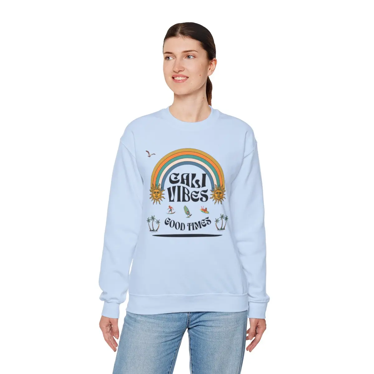 Cali Vibes Unisex Sweatshirt, Ocean Fun Surf Beach Vacation Pullover Casual Comfort