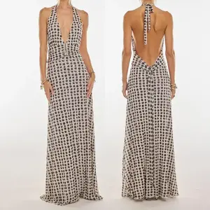 Women Chic Long Dress, Sleeveless Halter Dress Backless Flower/dots Print Summer Cocktail Dress Outdoorfun Formal Light