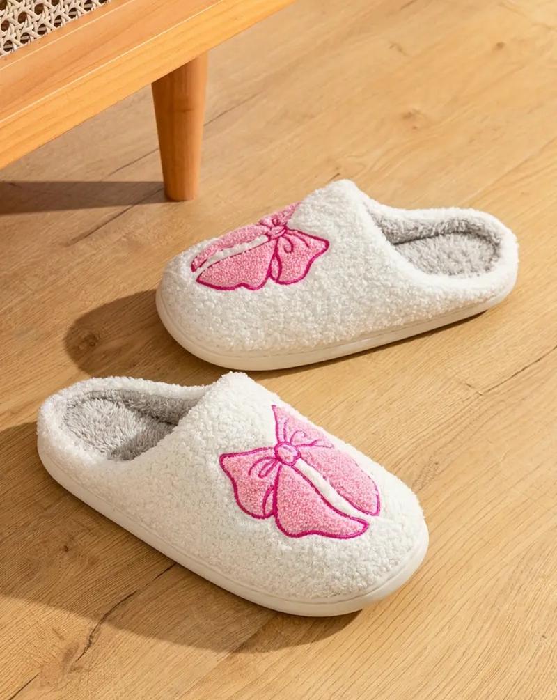 Women's Bowknot Slippers - Winter Warm Fuzzy Slip-On House Shoes with Cute Bow and Cartoon Pattern - Footwear, Walking Shoes
