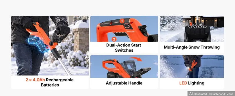 VEVOR Electric Snow Shovel 40V 13.5" Battery-Powered Cordless Snow Blower, for Driveway Patio Deck, Includes 2 x 4Ah Batteries & Charger, 20 ft Throw Distance, 60&deg; Chute, LED Light, Adjustable Handle,toolupgrade