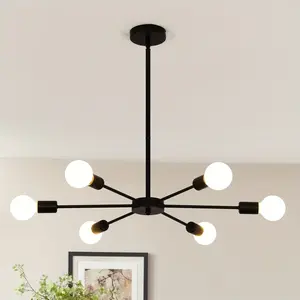 6-Light Modern Dimmable Sputnik Sphere Chandelier, Semi Flush Mount Black Gold Industrial Ceiling Lamp for Kitchen, Dining Room, Living Room, Bedroom