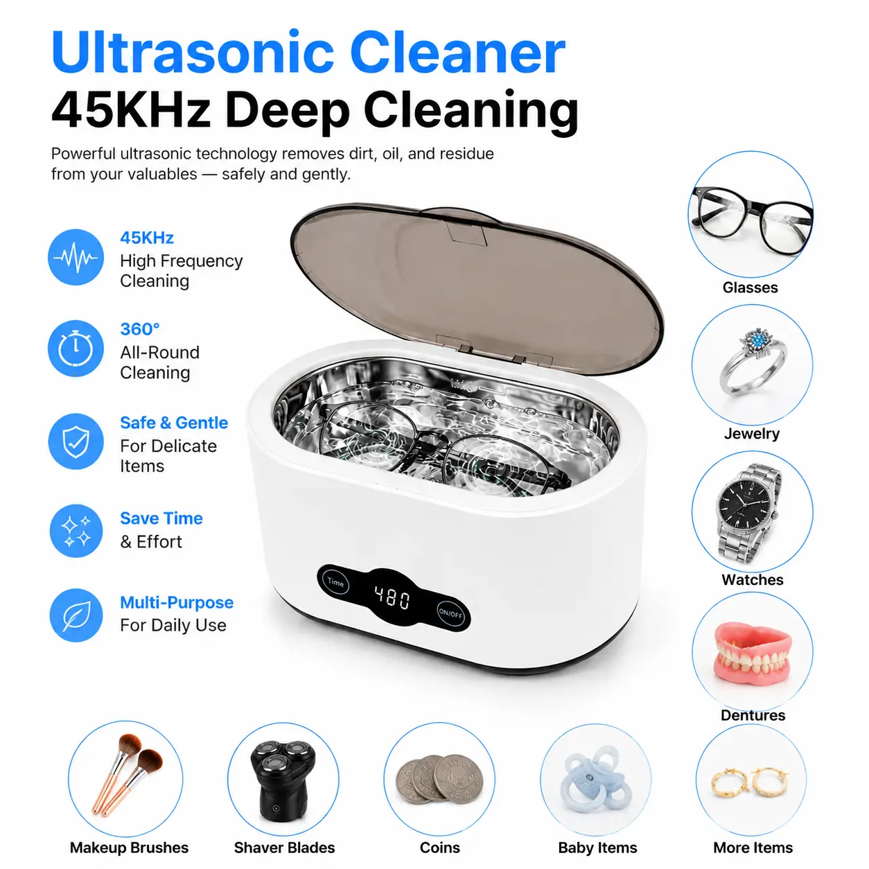 45KHz Ultrasonic Cleaner Machine for Jewelry, Rings, Necklaces & Glasses, 360° Deep Cleaning with Stainless Steel Tank,Christmas Gift,Birthday Gift