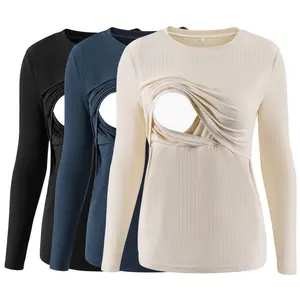 Ecavus Women's 3-Pack Ribbed Long-Sleeve Nursing Tops, Double-Layer Breastfeeding Shirts, Maternity Clothing
